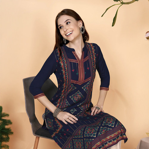 印度传统服饰新款异域风棉绸薄款日常气质成人印花七分袖蓝色上衣