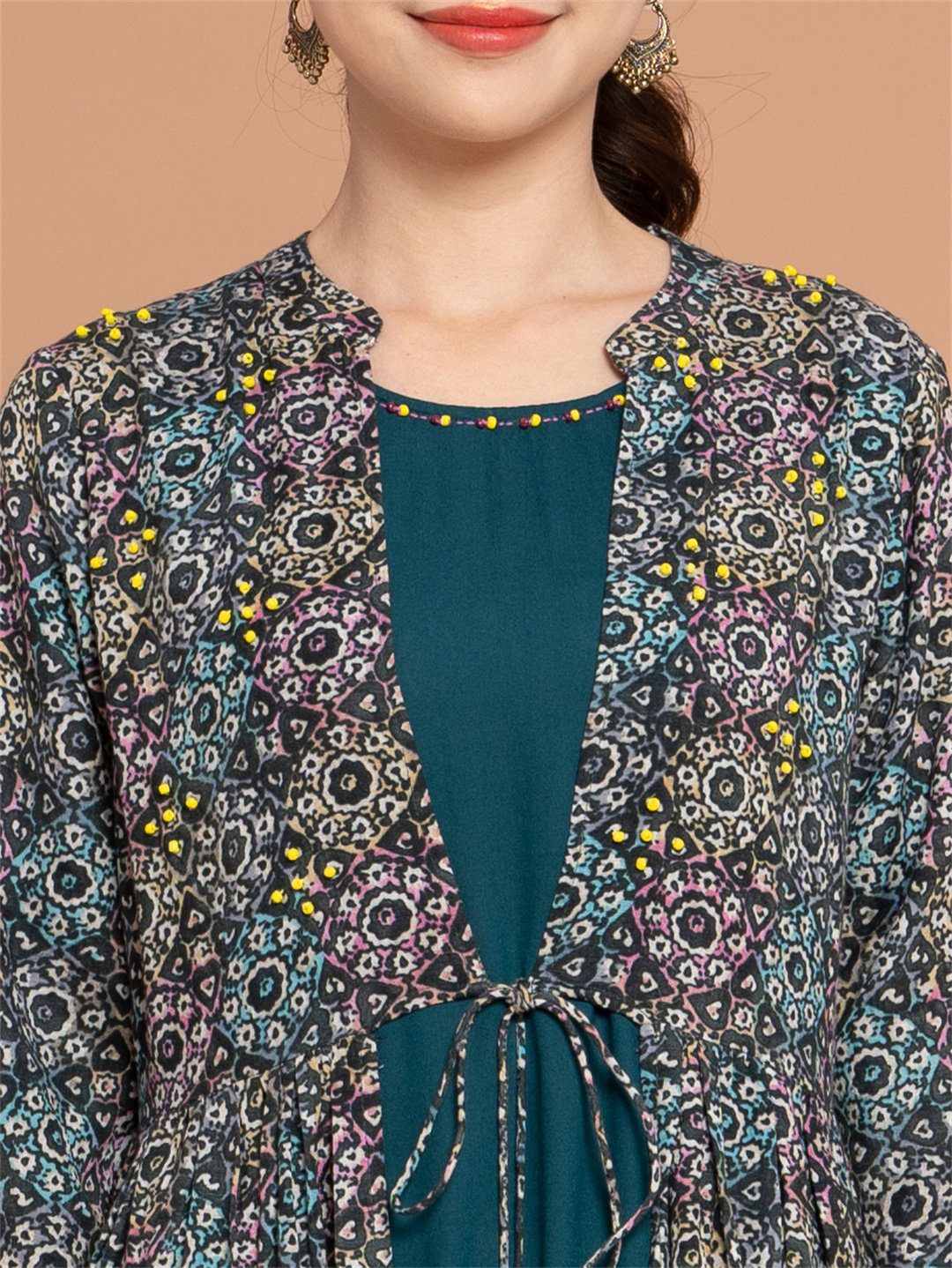 B8-2-4 INDIAN IMPORTED WOMENS GREEN COTTON SILK PRINTED ETHNIC STYLE MID-LENGTH FAKE TWO-PIECE BLOUSE THREE-QUARTER SLEEVES