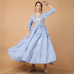 薄款 日常异域风情蓝色刺绣圆领七分袖 休闲纯棉连衣裙 新款 印度服装
