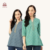 3印度进口民族风情服饰女纯棉印花短款 七分袖 V领薄款 库塔