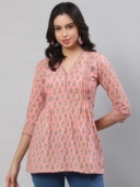 纯棉印花V领民族风上衣短款 3印度进口女装 小个子田园风粉色