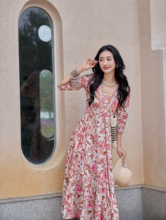 印度进口印巴风日常休闲薄款 纯棉印花连衣裙民族风长裙V领