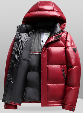 男士红色连帽短款羽绒服90鸭绒加厚亮面免洗休闲羽绒外套冬季保暖