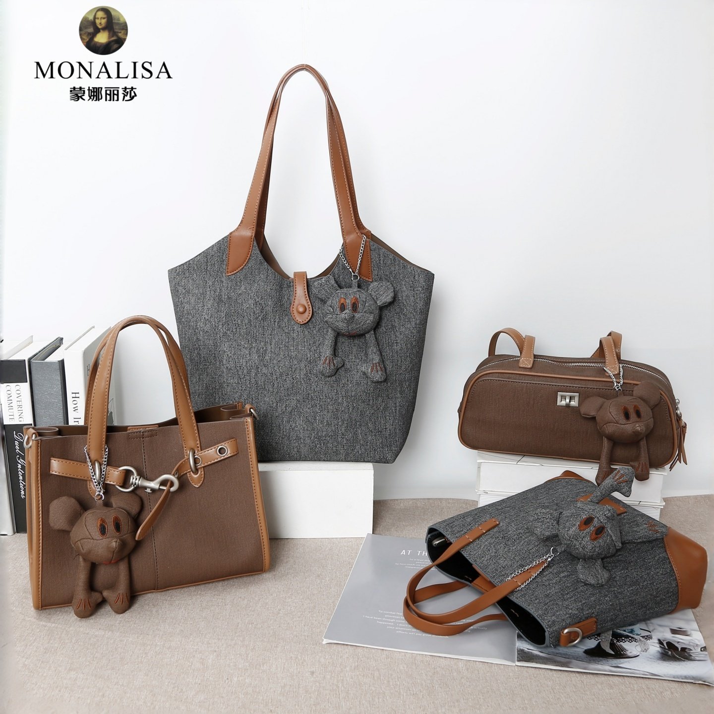 MONALISA蒙娜丽莎2025冬季新款卡通小熊托特包女大容量单肩包女包