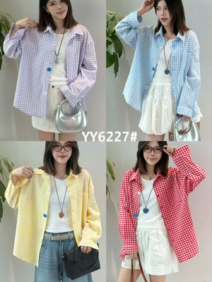 6227春季新款两件套格子衬衫女时尚百搭休闲宽松显瘦长袖衬衣外套