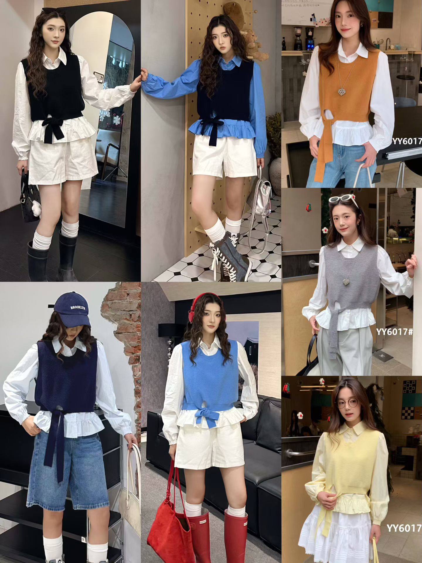 6017春装新款韩版休闲时尚百搭显瘦宽松衬衫加无袖针织马甲背心女