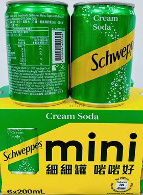 香港进口饮料太古系列schweppes迷你玉泉忌廉奶油味汽水200ml*6罐