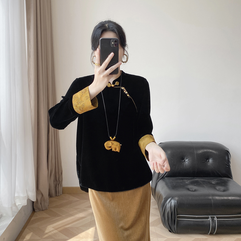 改良撞色盘后新中式国风真丝丝绒衬衣2025秋季桑蚕丝长袖衬衫上衣