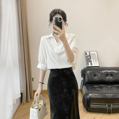 白色通勤衬衫女2025新款爆款夏季法式衬衣v领短袖上衣设计感小众