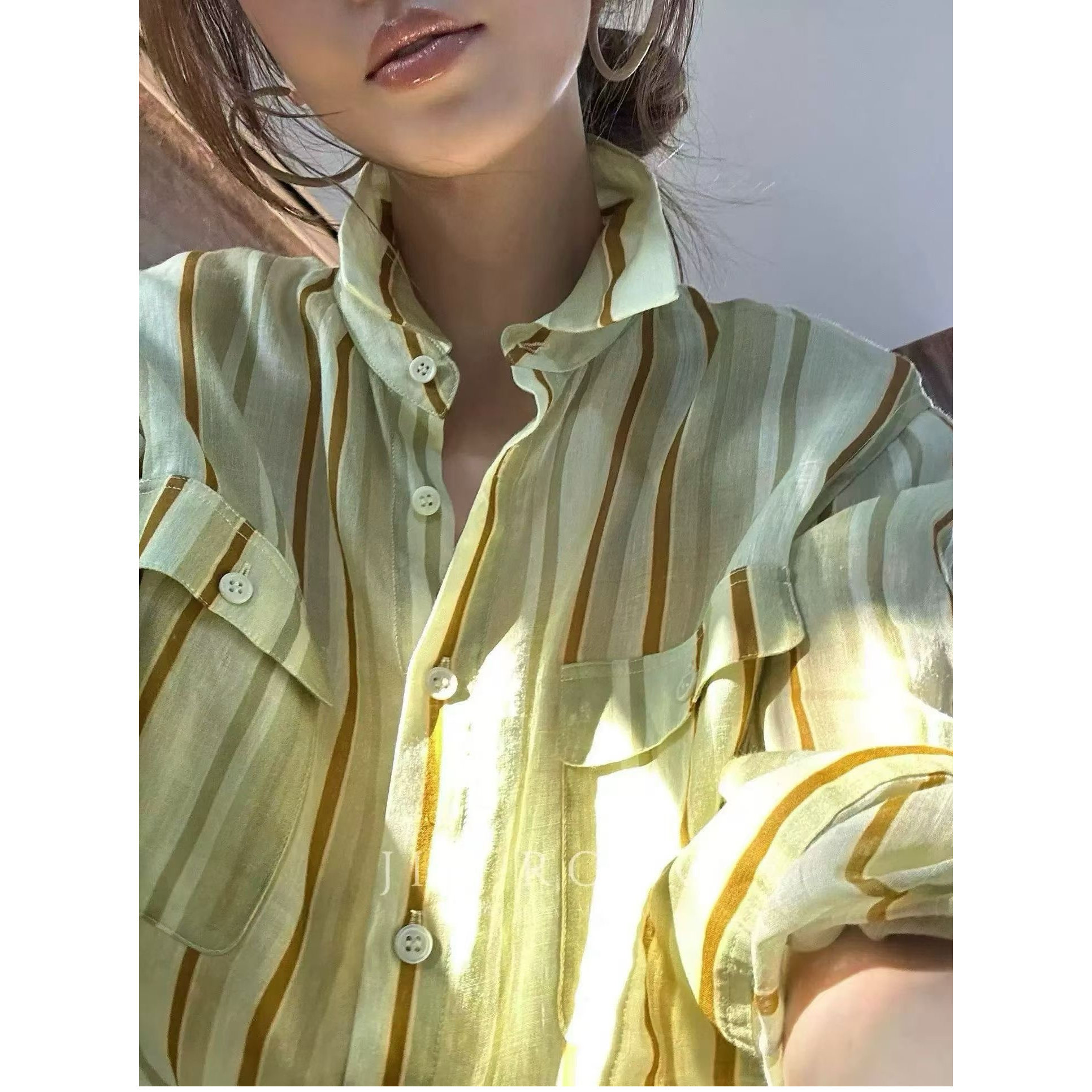 欧洲站2026春季新款欧货女时尚复古撞色条纹长袖苎麻衬衫休闲衬衣