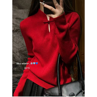 欧洲站2025冬季新款女新中式复古盘扣立领套头红色毛衣羊毛针织衫