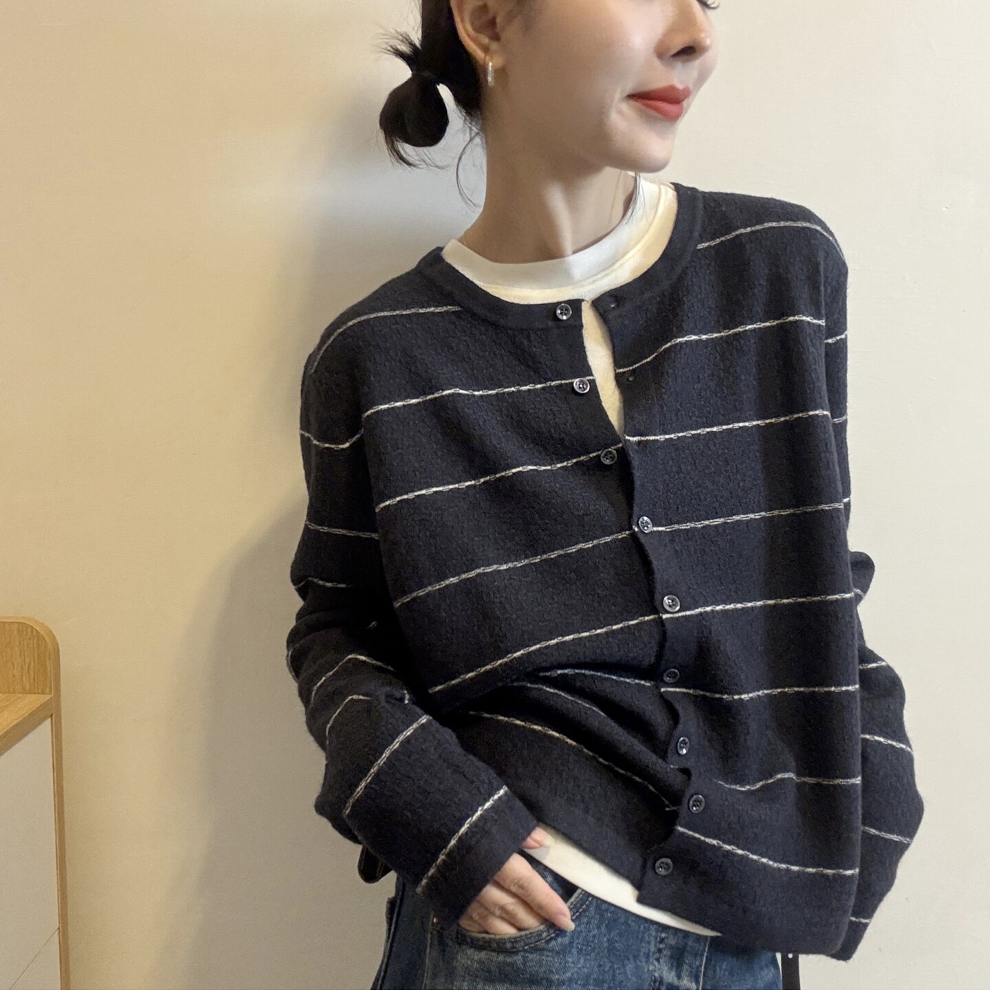圆领条纹长袖羊毛针织开衫女欧洲站2026秋季新款欧货休闲外套毛衣