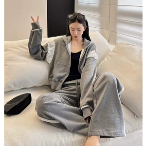 欧洲站2025春季新款女潮时尚蕾丝拼接连帽卫衣外套阔腿卫裤套装