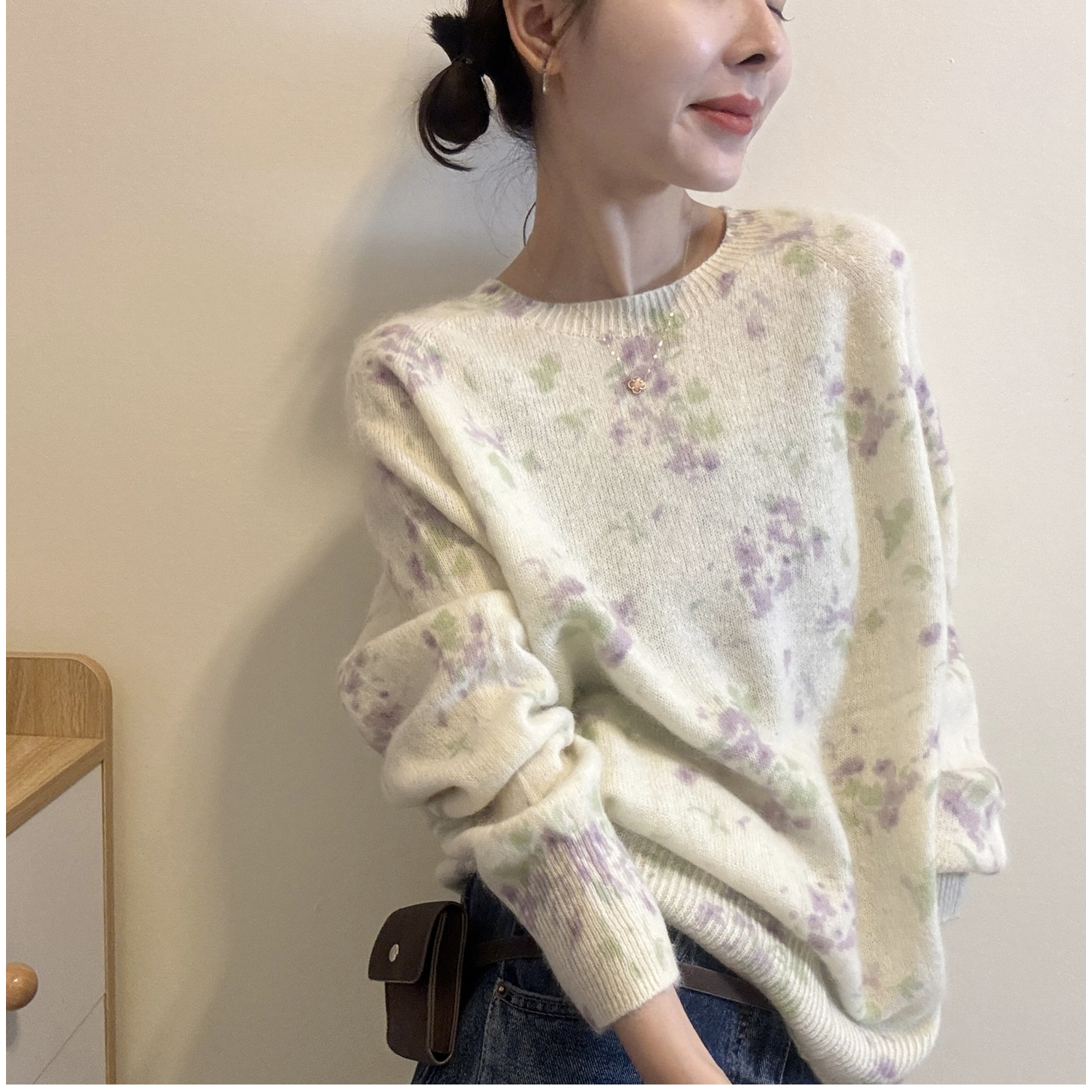 花朵印花圆领长袖羊毛针织衫女欧洲站2026秋季新款欧货套头毛衣潮