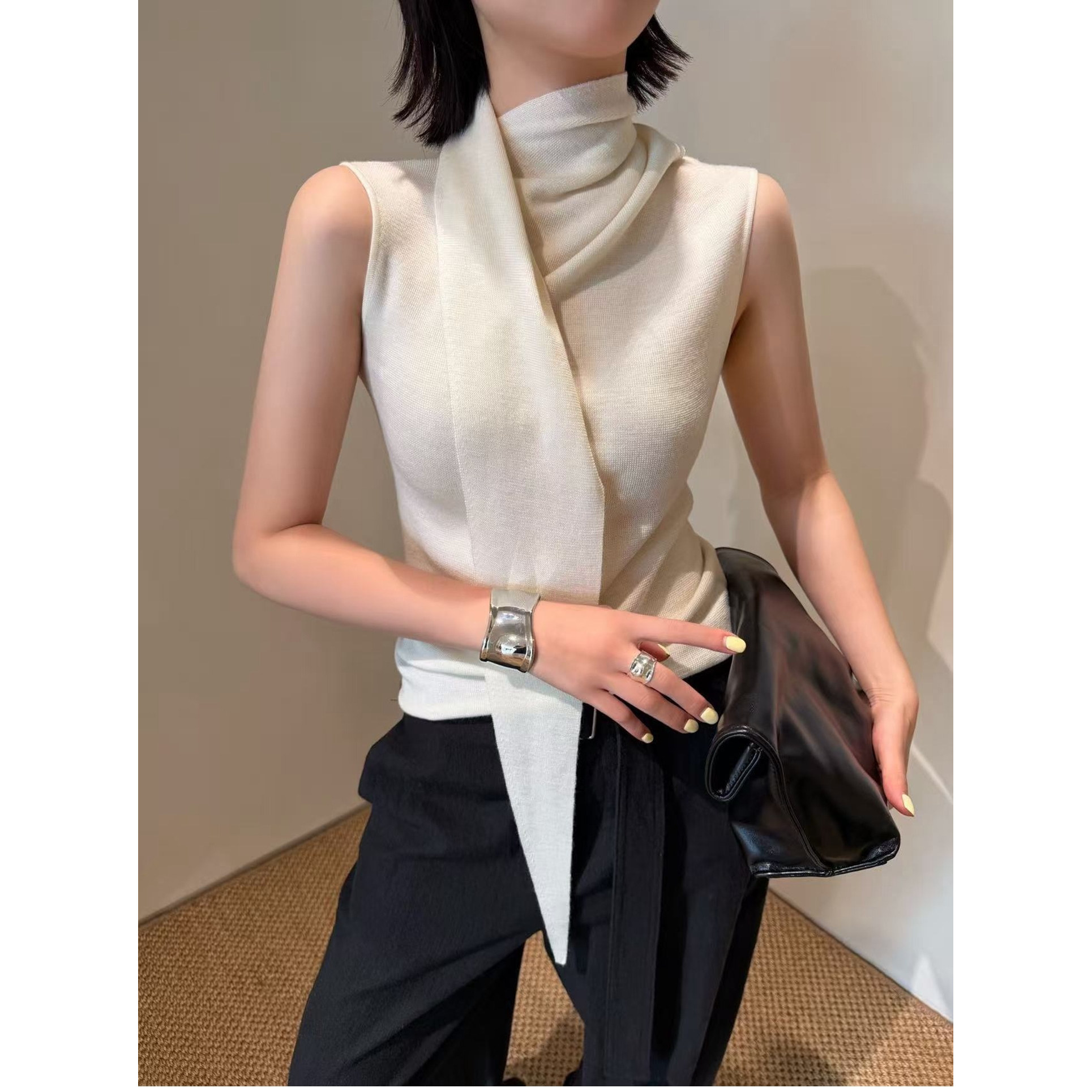 设计感飘带领高领无袖羊毛针织衫女欧洲站2026秋季新款打底背心