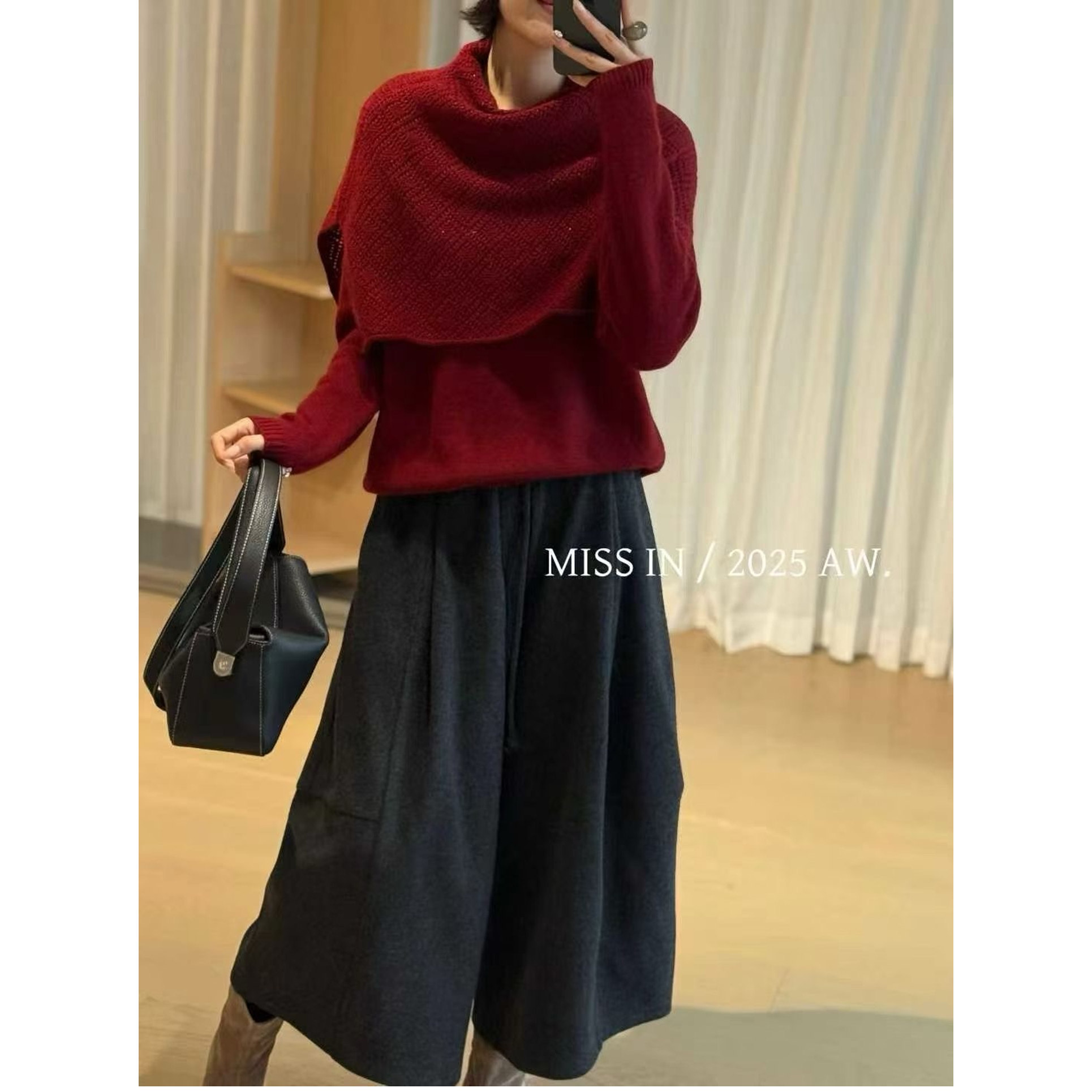 欧洲站2025秋冬新款欧货女休闲镂空斗篷针织披肩+羊毛毛衣两件套