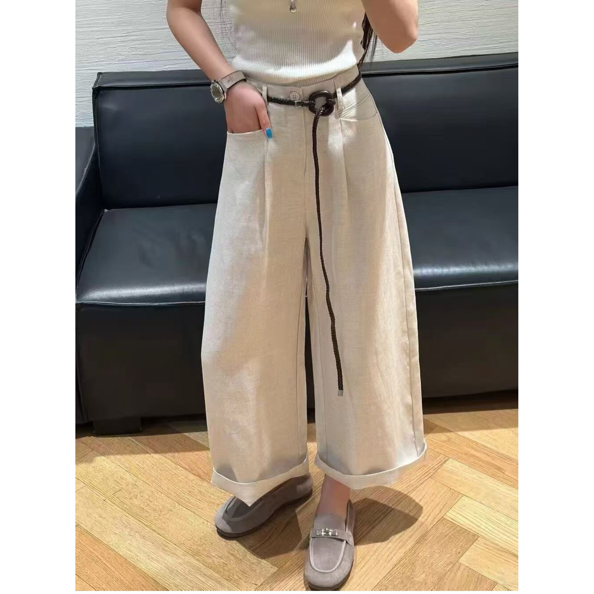 欧洲站2026夏季新女高腰显瘦编织腰带宽松九分亚麻阔腿裤休闲裤