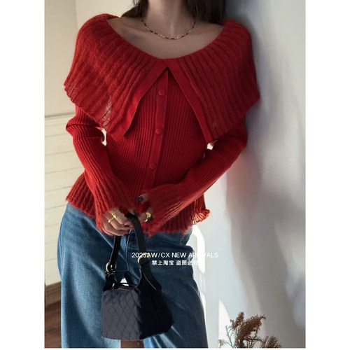 欧洲站2025秋季新款欧货女潮韩版温柔娃娃啦长袖马海毛针织开衫