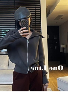 欧洲站2024秋季新款欧货女韩版时尚休闲翻领拉链羊毛针织开衫毛衣