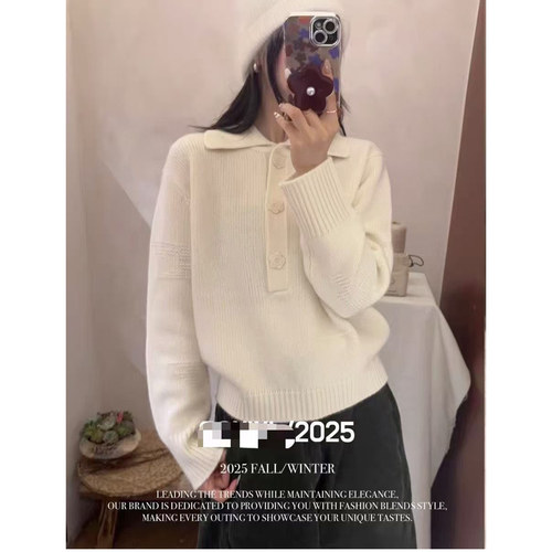 欧洲站2025秋冬新款女潮时尚软糯花朵纽扣翻领套头羊毛毛衣针织衫