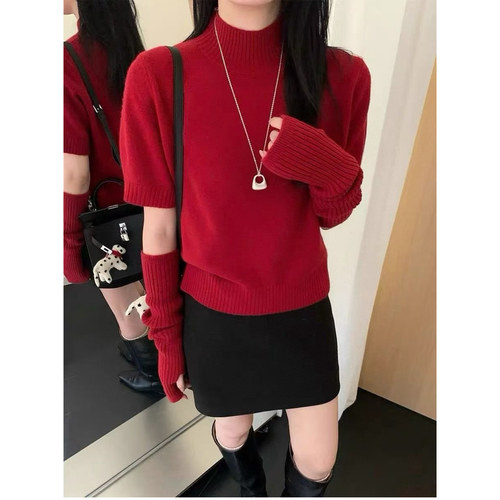 欧洲站2025冬季新款欧货女韩版时尚立领袖套泡泡袖羊毛针织衫毛衣