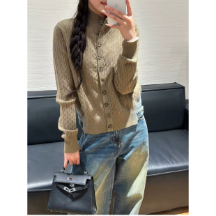 设计感牛仔拼接高领羊毛针织开衫女欧洲站2026秋季新款毛衣外套
