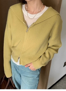 欧洲站2023秋季新款女潮韩版纯色百搭短款双拉链连帽羊毛毛衣开衫