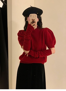 欧洲站2022冬季新款女时尚气质圆领泡泡袖袖套羊毛针织衫红色毛衣