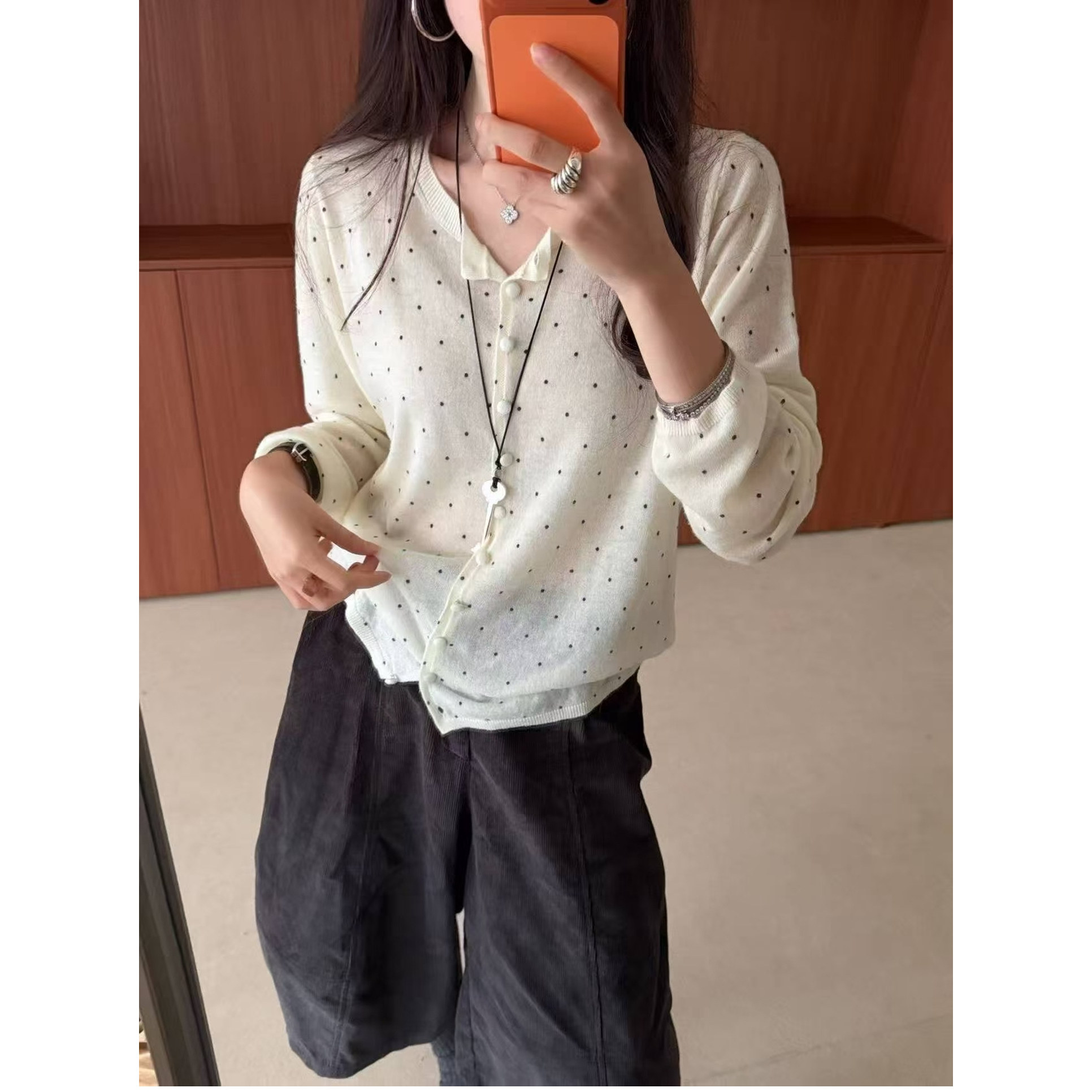 韩版甜美圆点圆领长袖羊毛针织开衫女欧洲站2026秋季新款毛衣外套