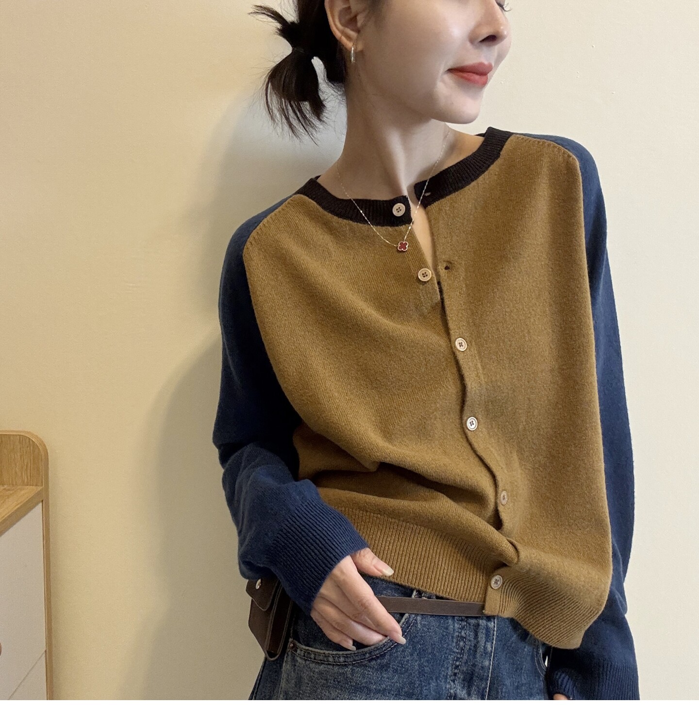 休闲撞色圆领长袖羊毛针织开衫女欧洲站2026秋季新款欧货毛衣外套