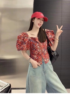 立领碎花衬衫 复古修身 方领泡泡袖 小衫 新款 欧洲站2023夏季 女潮韩版