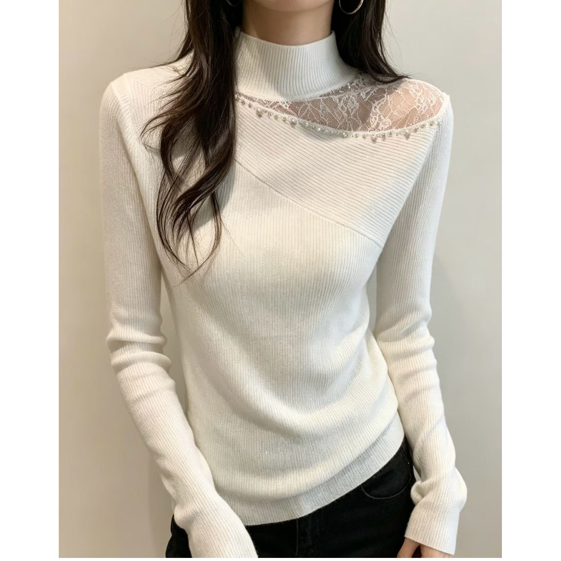时尚网纱蕾丝钉珠立领羊毛针织衫女欧洲站2026秋季新款套头打底衫