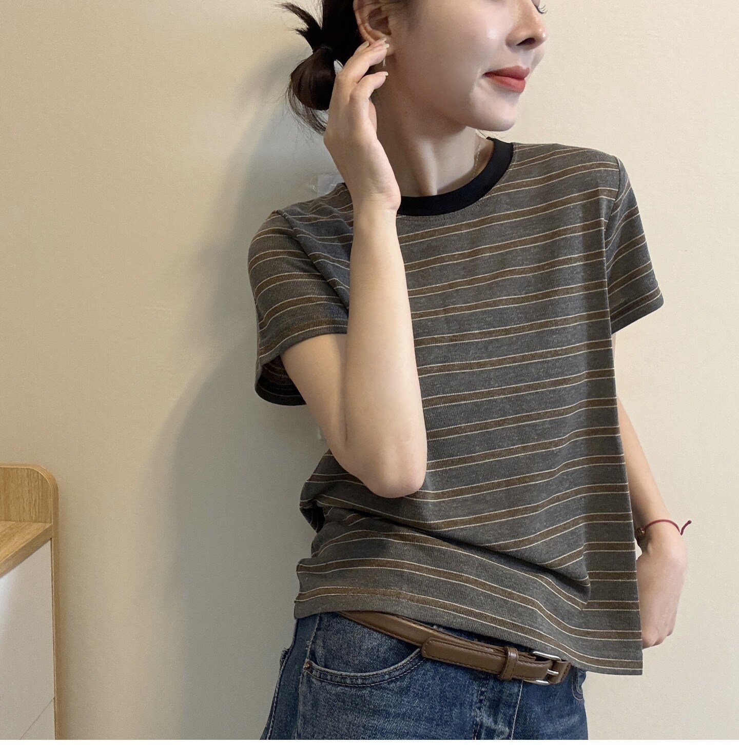 卡通小狗图案条纹圆领短袖T恤女欧洲站2026秋季新款欧货打底上衣