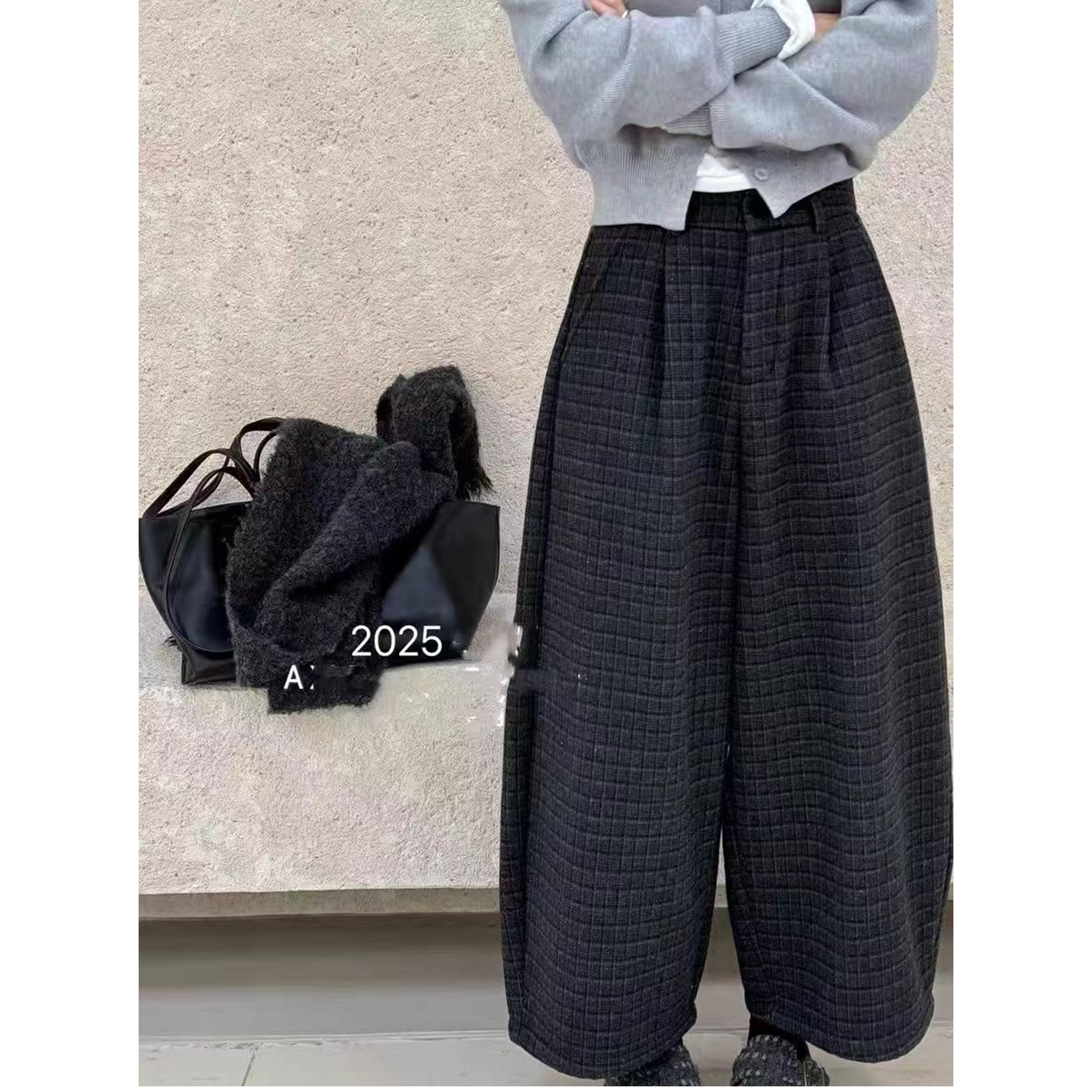 欧洲站2025冬装新款女潮高腰宽松格子羊毛呢阔腿裤加绒休闲九分裤