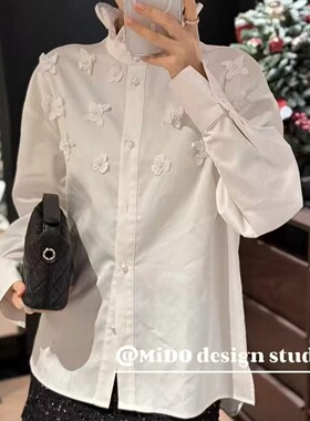 欧洲站2026早春新款欧货女潮时尚立体花朵钉珠花边领长袖衬衫上衣