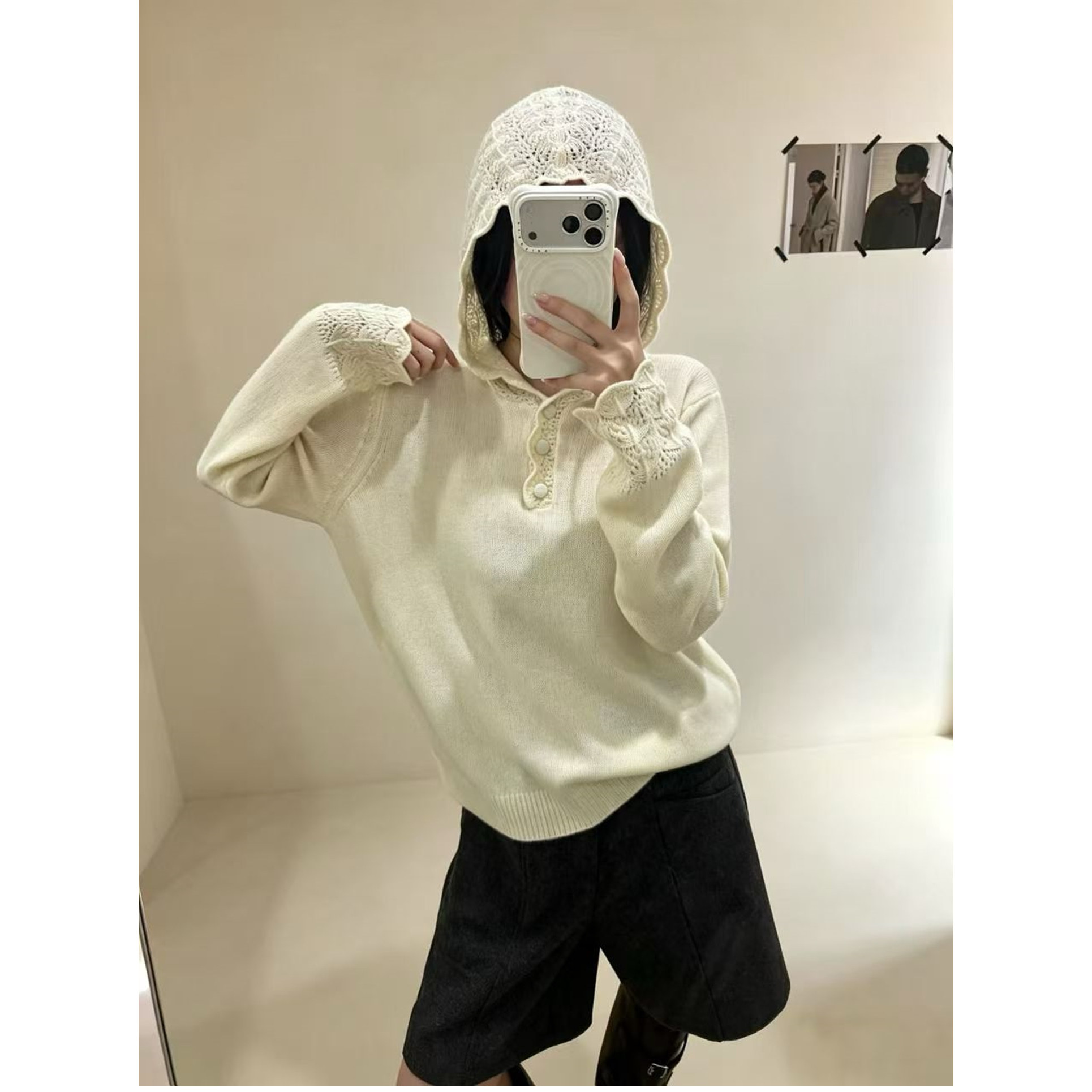 韩版软糯勾花镂空连帽羊毛针织衫女欧洲站2026秋季新款套头帽衫