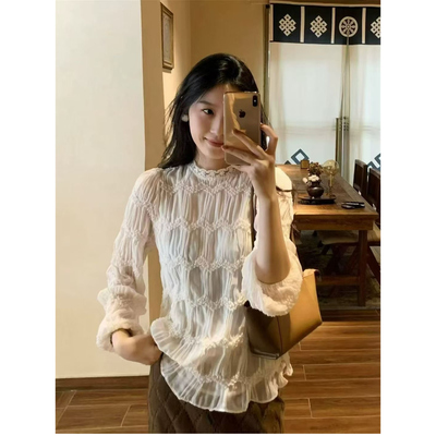 欧洲站2026早春新款女潮小众设计款蕾丝花边立领褶皱套头长袖衬衫