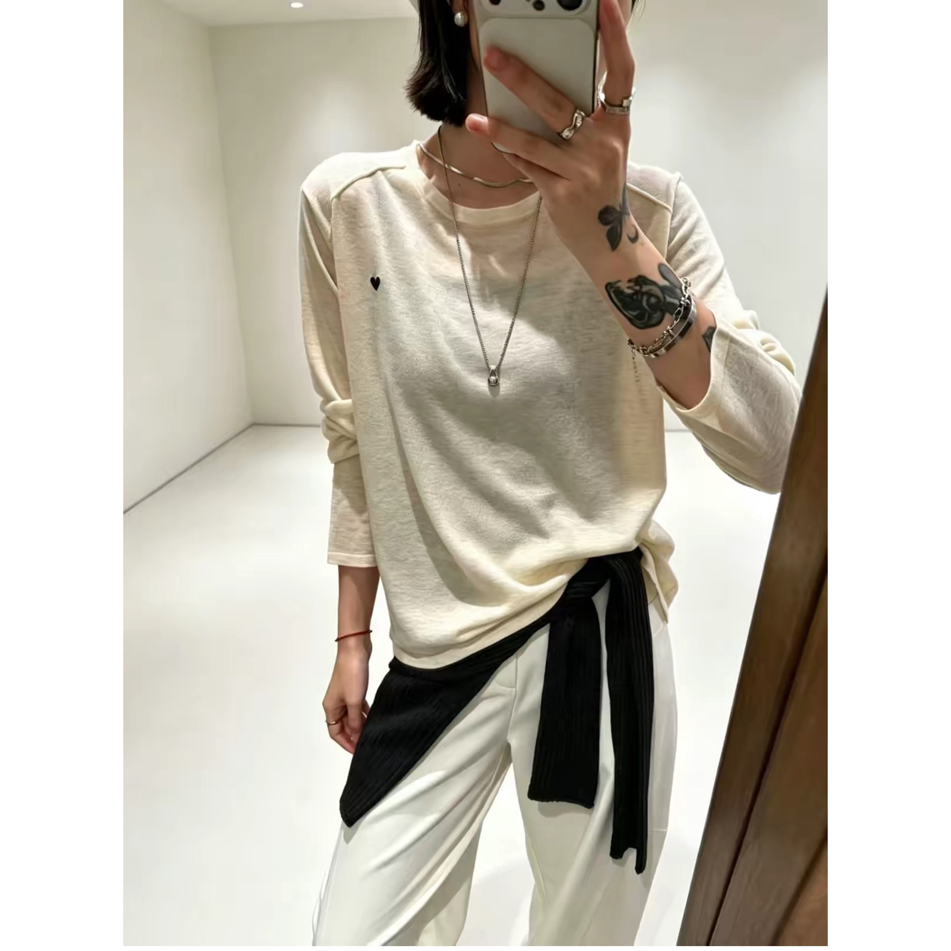 爱心刺绣圆领长袖羊毛针织衫女装欧洲站2026秋季新款打底衫上衣