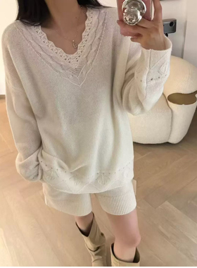 欧洲站2025秋季新款欧货女潮宽松休闲钩花V领套头羊毛针织衫毛衣
