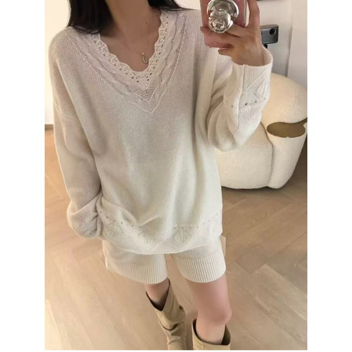 欧洲站2025秋季新款欧货女潮宽松休闲钩花V领套头羊毛针织衫毛衣