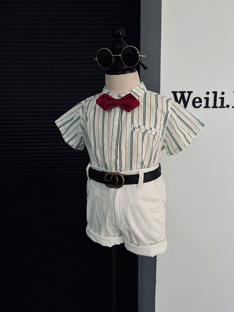 夏季新款男童条纹衬衫礼服套装 花童立领英伦风表演服走秀帅气