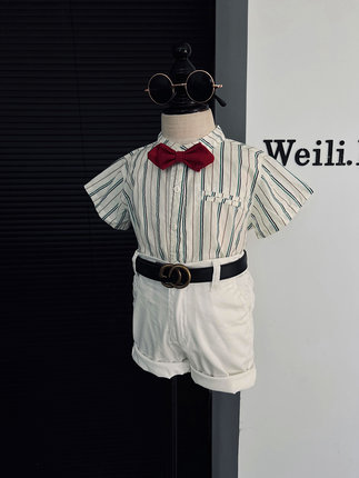 夏季新款男童条纹衬衫礼服套装 花童立领英伦风表演服走秀帅气