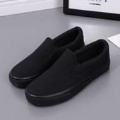 纯黑色工作鞋 女低帮布鞋 韩版 全黑色帆布鞋 平底鞋 情侣套脚男生球鞋