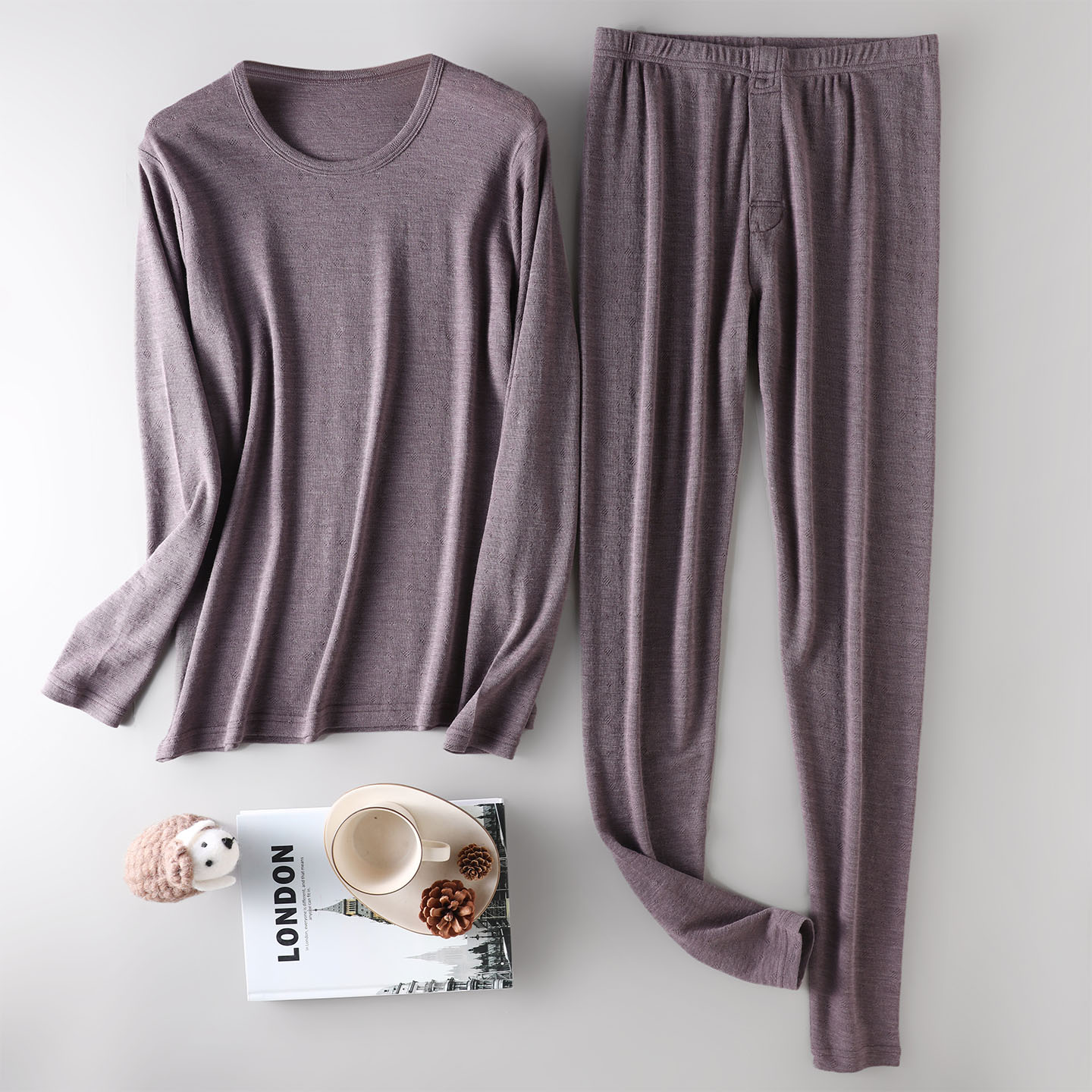 秋冬100%绵羊毛男士保暖套装