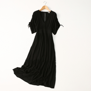 女装 褶皱长裙大码 收腰显瘦V领高端棉绸连衣裙夏薄款 外贸原单