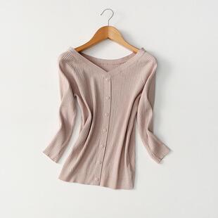 外贸出口 整单货 超弹紧致坑条时尚V领七分袖针织衫女套头打底衫