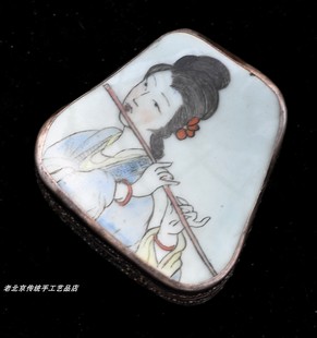 老瓷片盒银锭盒元宝盒胭脂盒首饰盒手工錾刻德银仕女图手工艺老货