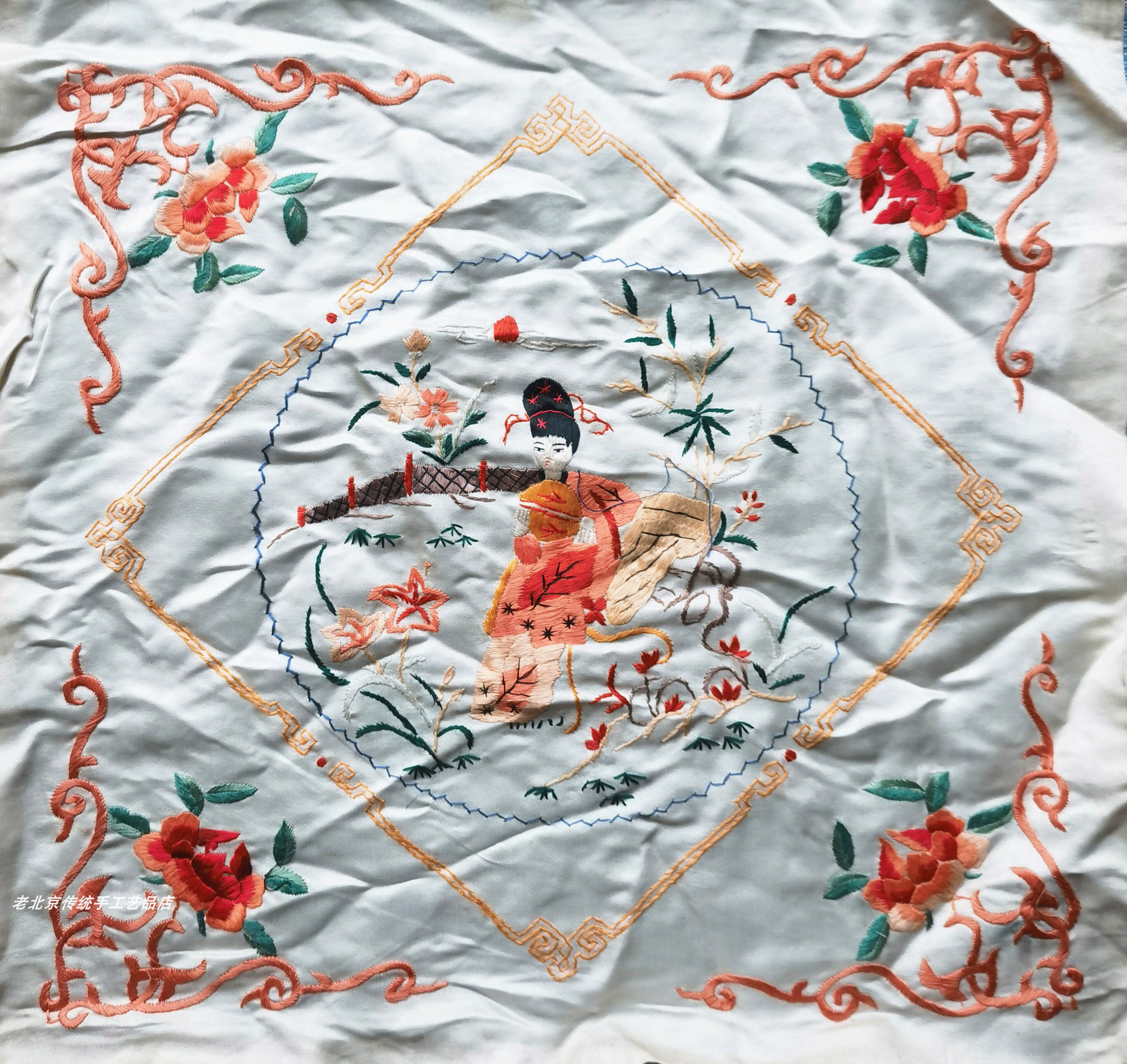 仕女人物图京绣老北京纯手工刺绣燕京八绝真丝软缎布老绣片装饰画