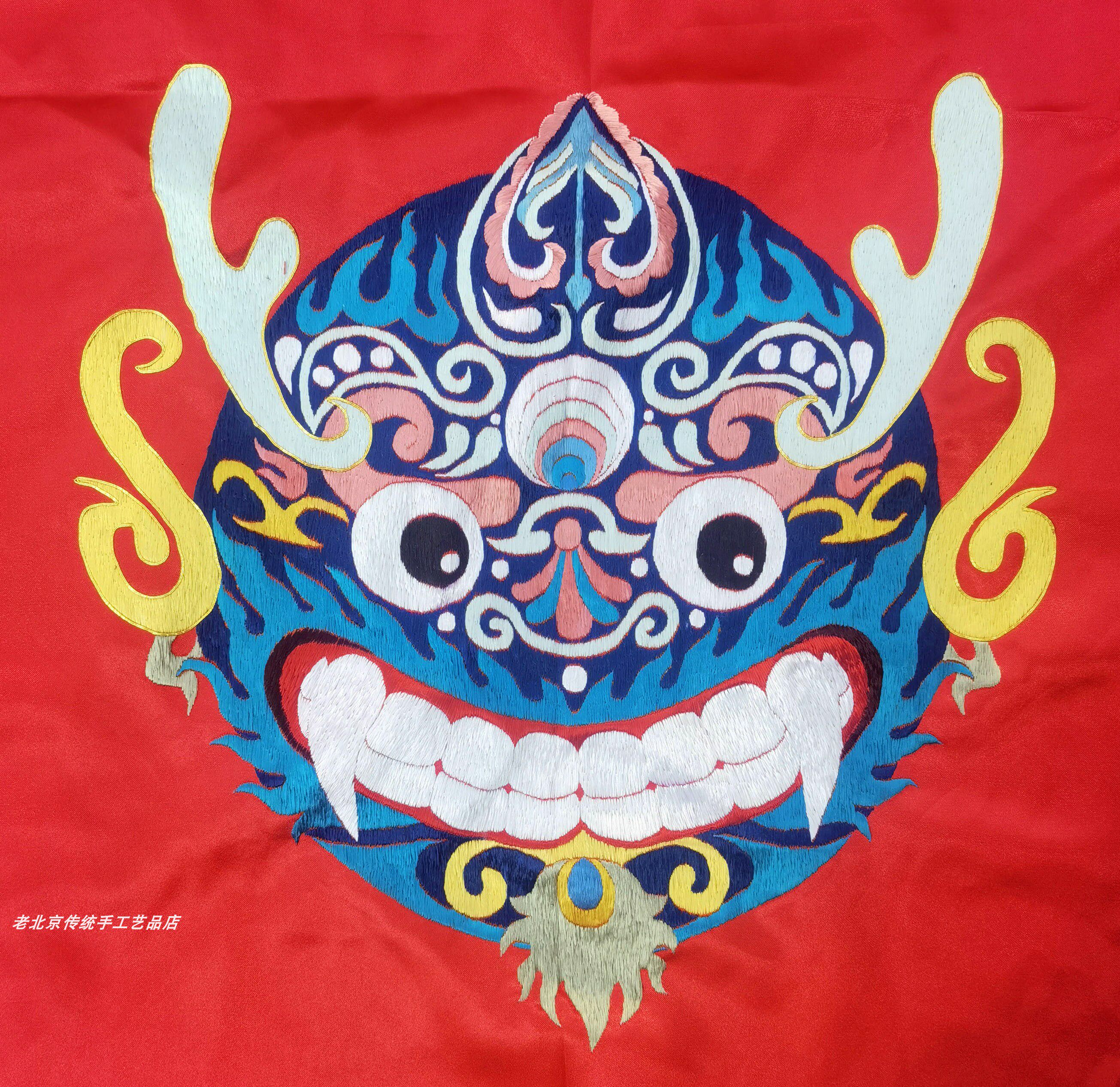 三蓝年兽麒麟补子diy衣服布料包贴老绣片老货京绣手工刺绣装饰画