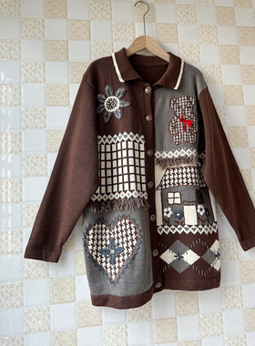 生巧克力色羊毛外套Handknit 手工刺绣细节可可爱爱
